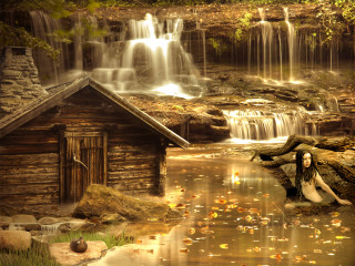 Woman sitting log waterfall cabin 3 - matte fantasy painting free wallpaper for desktop