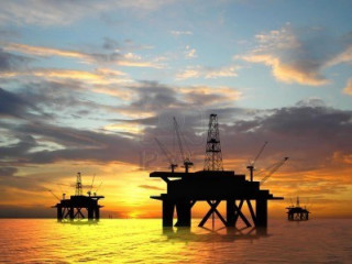 Oil rigs ocean sunset sky - environmental free wallpaper for desktop