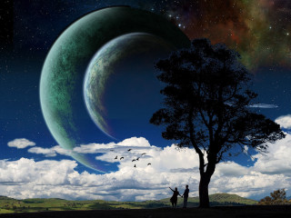 Couple under tree stars planets - a crescent free wallpaper
