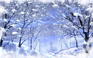 Snowy landscape trees bench foreground 2 - a painting of a snowy landscape free wallpaper