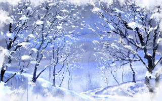Snowy landscape trees bench foreground 4 - naive art free wallpaper