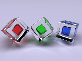 Three colored glass cubes table - square free wallpaper for desktop