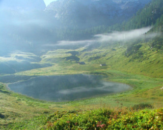 Grassy field lake mountains fog - fog in the air free wallpaper