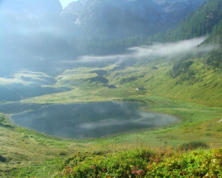 Mountain lake fog grass foreground - the foreground and a mountain in the background free wallpaper