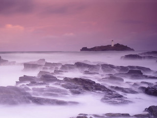 Lighthouse rocky shore pink sky 4 - moody free wallpaper