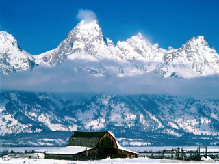 Barn snow mountain blue sky - douglas robertson bisset free wallpaper
