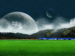 Green field mountains water moon 2 - a moon in the sky free wallpaper