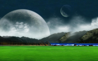Green field mountains lake moon - a distant mountain range in the distance free wallpaper