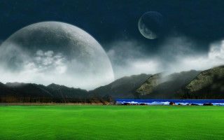 Green field mountains lake moon 2 - a distant mountain range in the distance free wallpaper