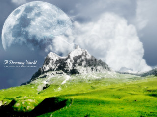 Green field mountain full moon 3 - a full moon in the sky above free wallpaper