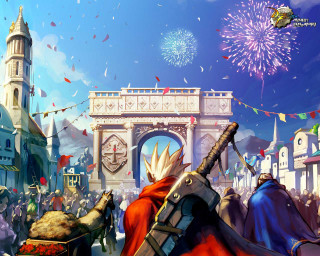 City clocktower fireworks horse cart - a painting of a city free wallpaper