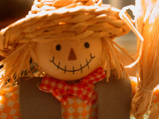 Scarecrow doll strawhat redbow tie - a tilt shift photo free wallpaper
