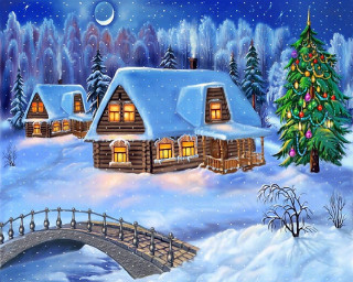 Snowy cabin christmas tree bridge - kinkade free wallpaper