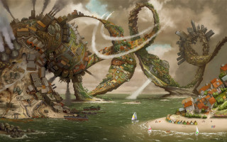 Giant octopus attacking city beach - dystopian art free wallpaper