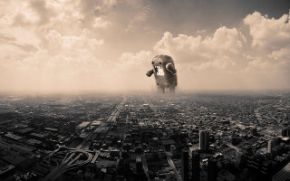 Large elephant flying city cloudy - surreal free wallpaper