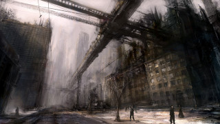 City street people walking bridge - adrian ghenie free wallpaper
