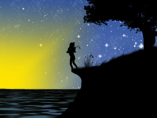 Person standing cliff stargazing water - the star free wallpaper for desktop