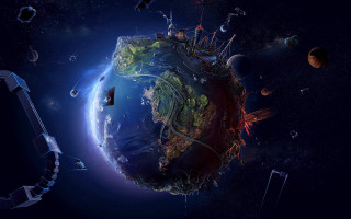 Planet satellite system background foreground - global illumination free wallpaper