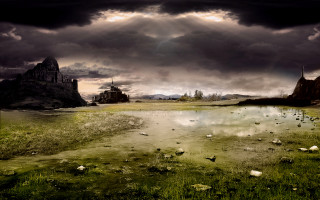 Castle lake dark sky painting - a dark sky in the background free wallpaper for desktop