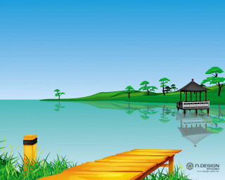 Wooden dock lake green field 2 - a gazebo free wallpaper