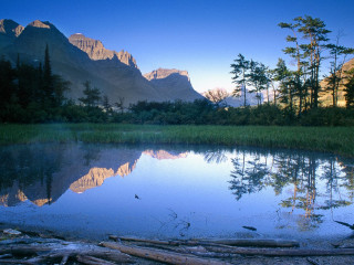Lake mountains trees logs foreground - mountain and trees free wallpaper