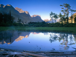 Lake mountains trees logs foreground 2 - mountain and trees free wallpaper