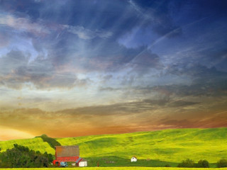 Farm red barn green field - sunbeam free wallpaper