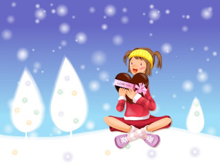 Girl sitting heart box snow - the ground holding free wallpaper