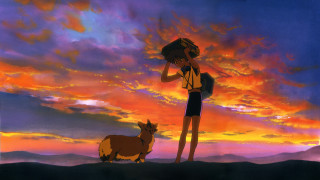 Person goat hill sunset sky - ghibli free wallpaper