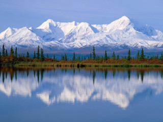 Mountain range reflection lake trees 5 - alson s. clark free wallpaper