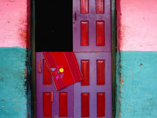 Purple door red cloth yellow 2 - door free wallpaper