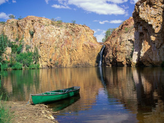 Green boat lake waterfall cliff 2 - albert namatjira free wallpaper