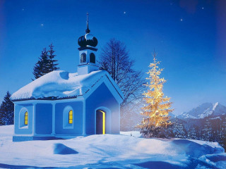 Church snow christmas tree blue - winter free wallpaper