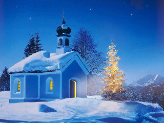 Church snow christmas tree blue 2 - star and a moon free wallpaper