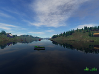 Boat lake mountain house shore - 8k photorealistic free wallpaper