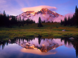 Mountain reflection sunset clouds trees 3 - cloud and trees free wallpaper