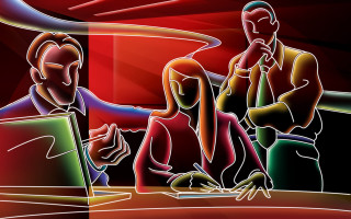 Man woman sitting table laptop - digital painting free wallpaper