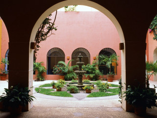 Courtyard fountain potted plants trees 2 - a courtyard free wallpaper
