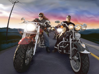 Motorcycle ride men sunset forest - digital painting free wallpaper for desktop