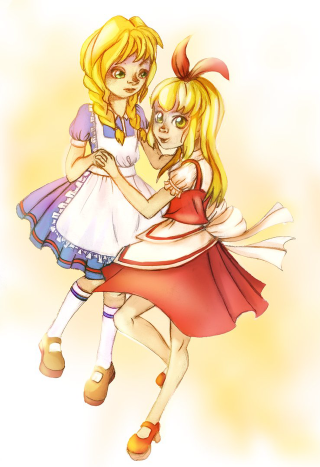 Girls hugging dresses bows heads - two girl free wallpaper for mobile