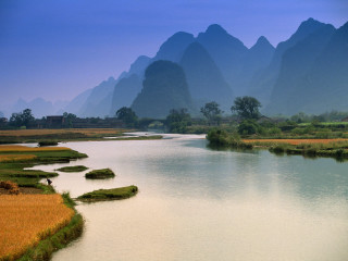 River rocks mountains grass foreground 2 - cao buxing free wallpaper for desktop