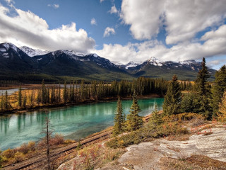 River mountains trees sky clouds 2 - mountain and trees free wallpaper