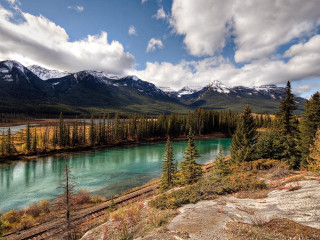 River mountains trees sky clouds 4 - mountain and trees free wallpaper