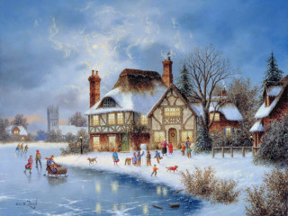 Winter skating lake church clocktower - thomas kindkade free wallpaper