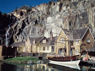 Boat docked mountain village rock 3 - albert namatjira free wallpaper