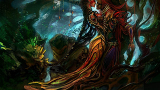 Woman dreadlocks red dress forest - free cyberpunk wallpaper for desktop