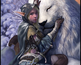 Woman costume hugging white wolf - fantasy artwork free wallpaper