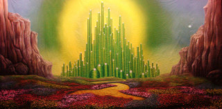 Green castle yellow light trees - kinetic pointillism free wallpaper
