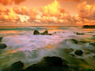 Sunset ocean rocks water crashing 3 - colorful cloud free wallpaper