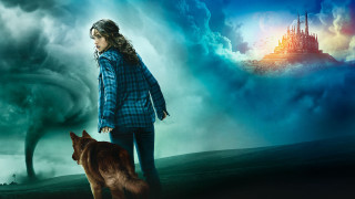 Woman dog tornado cloud castle - a dog in front free wallpaper